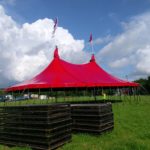 50ft x 75ft 2 pole red blackout tent on 10ft walls